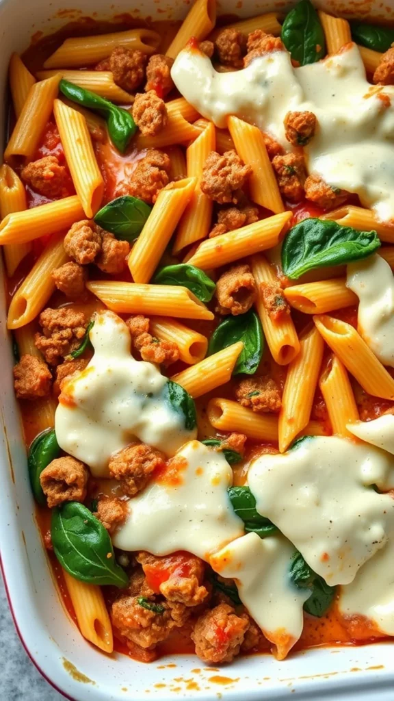 A dish of cheesy baked ziti with ground beef and spinach, featuring penne pasta, tomato sauce, and melted cheese.