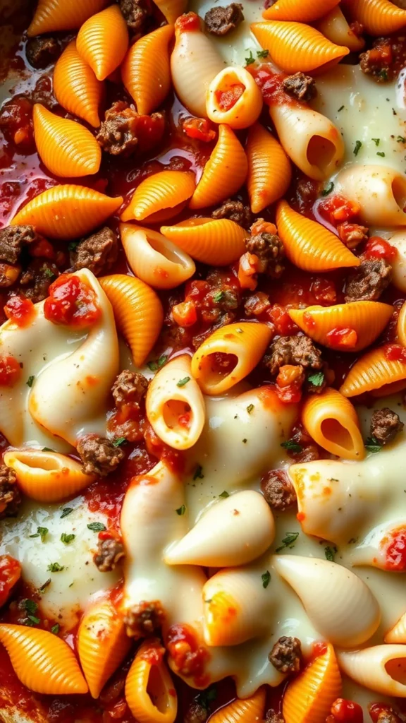 A close-up view of a cheesy beef and shell pasta bake with a mix of shells, ground beef, and sauce.