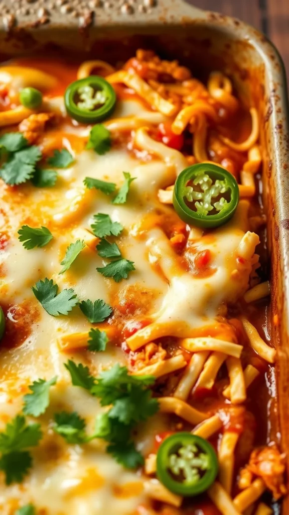 A close-up of cheesy chicken burrito casserole topped with green jalapenos and fresh cilantro.