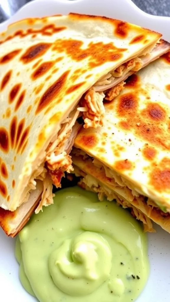 Cheesy chicken quesadillas served with avocado crema