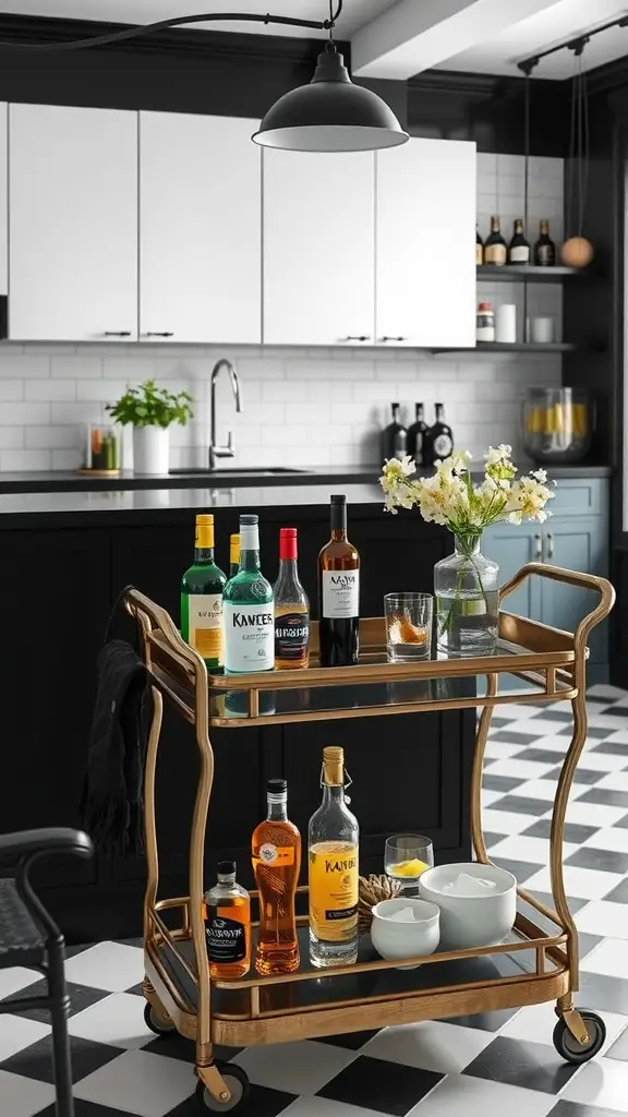 Stylish bar cart with various liquor bottles and glasses in a modern kitchen setting