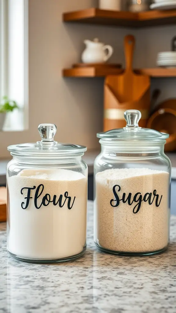 Two glass canisters labeled 'Flour' and 'Sugar' on a kitchen countertop