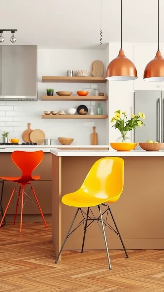 A chic yellow Panton chair in a modern kitchen with blue cabinets and wooden floor.