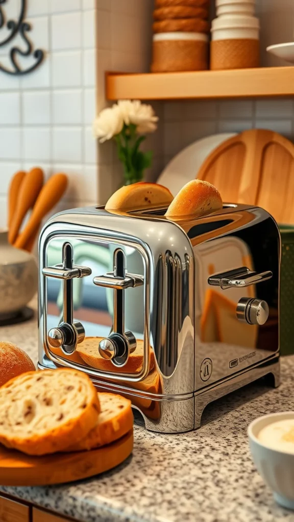 A shiny retro toaster with slices of bread waiting to be toasted, surrounded by a cozy kitchen setting.