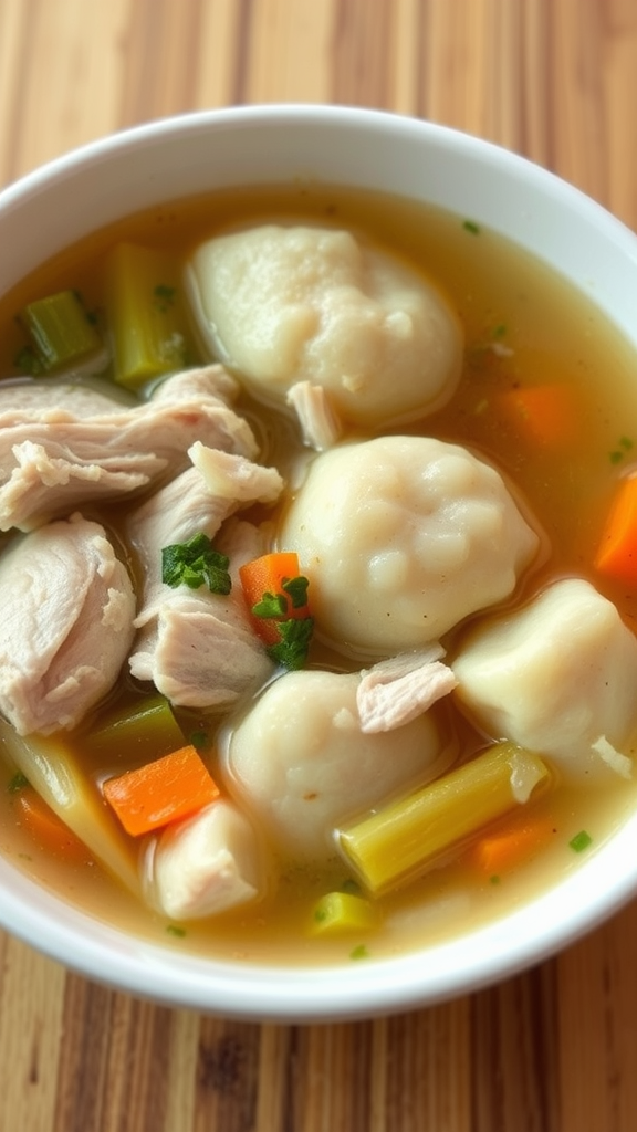 A bowl of chicken and dumpling soup with chunks of chicken, dumplings, and colorful vegetables.