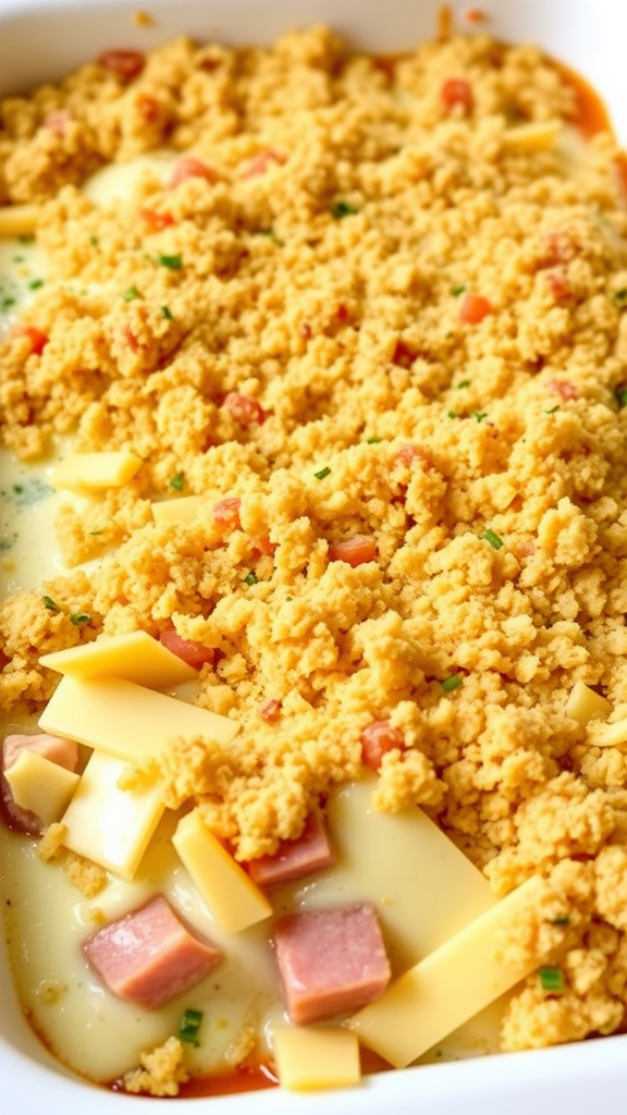 A close-up view of Chicken Cordon Bleu Casserole, featuring layers of chicken, cheese, and ham, topped with a golden crumb layer.