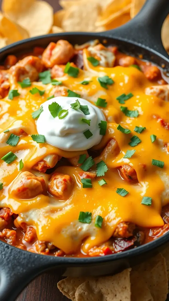 A skillet filled with chicken enchiladas topped with melted cheese, sour cream, and cilantro.