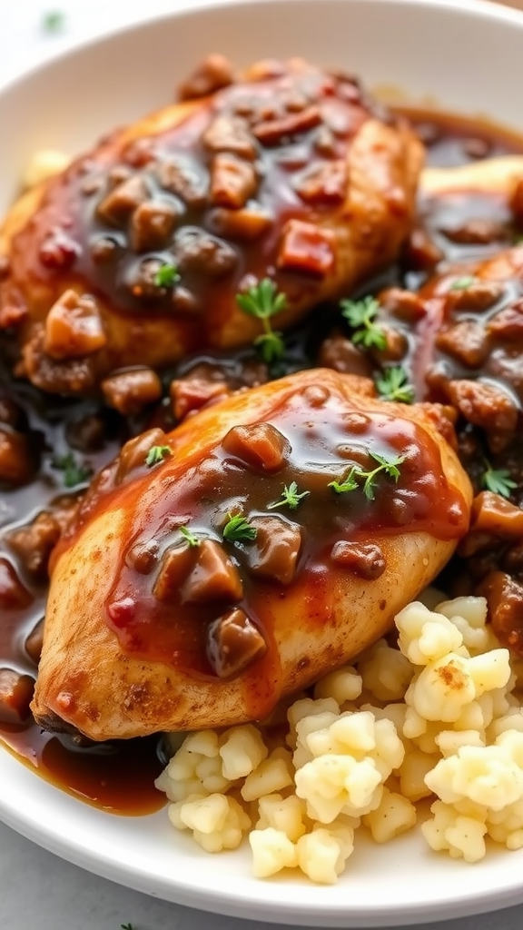 Plate of Chicken Marsala with mushrooms and cauliflower rice