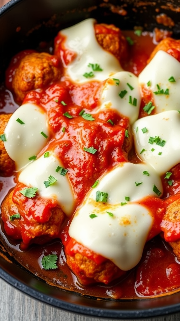 A skillet filled with chicken parmesan meatballs, topped with mozzarella cheese and fresh herbs.