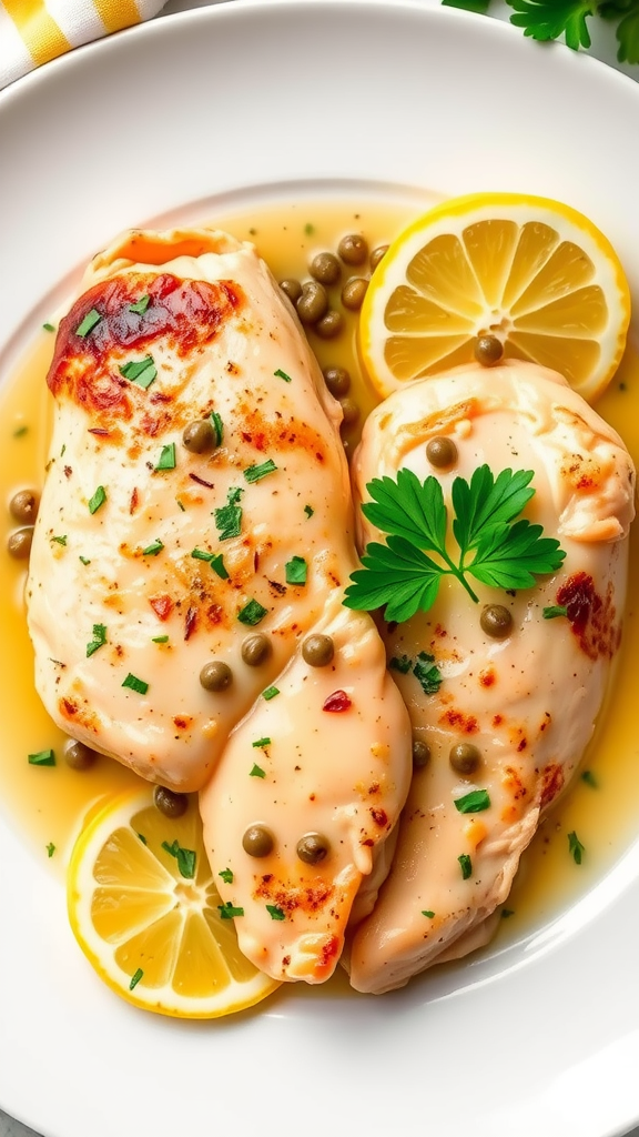 A plate of Chicken Piccata with lemon slices and capers, garnished with parsley.