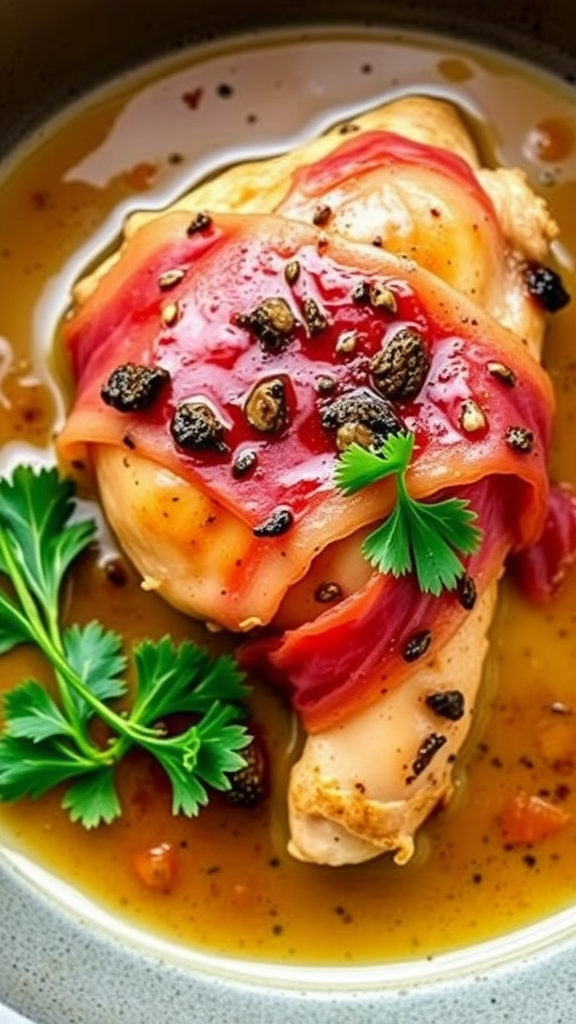 A plate of Chicken Saltimbocca garnished with herbs in a flavorful sauce.