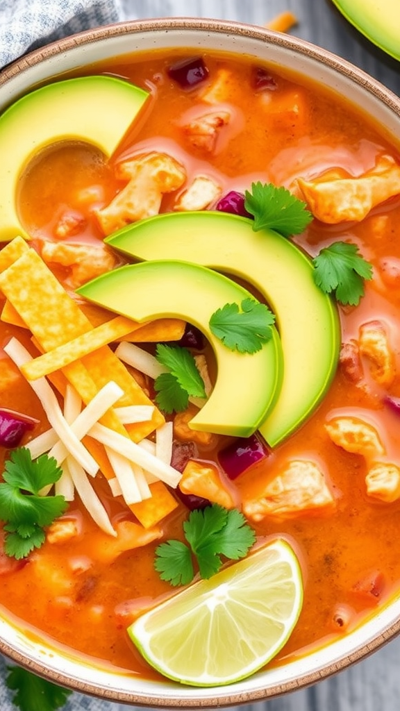 A bowl of chicken taco soup topped with avocado, cheese, cilantro, and lime slices.