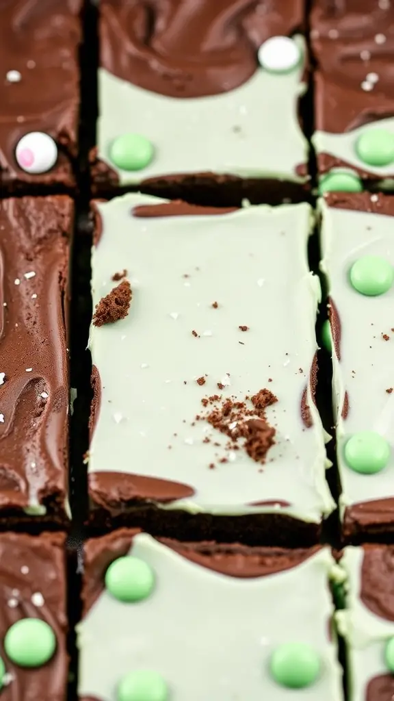 Close-up of sliced chocolate mint brownies topped with green and white candies.