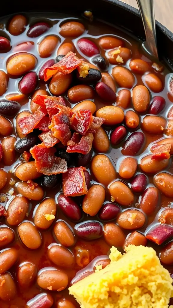 A close-up of a bowl of baked beans with various types of beans and some bacon on top.