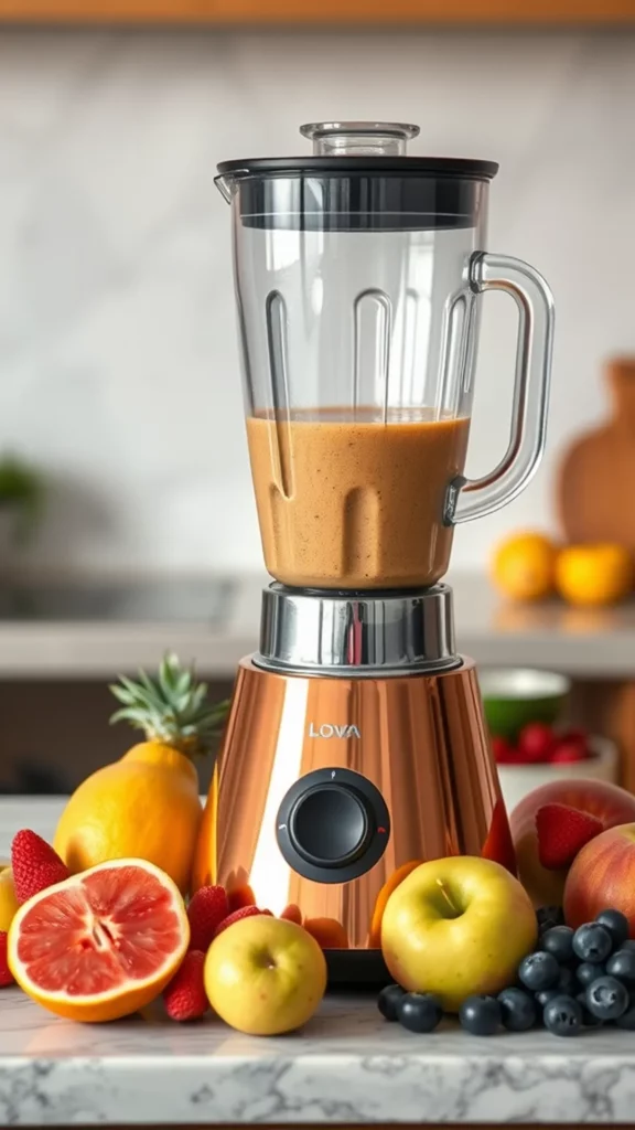 Modern blender with fruit ingredients on a kitchen counter