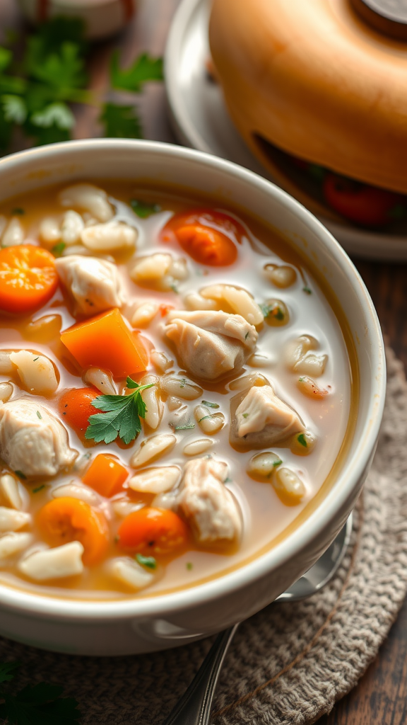 A bowl of chicken and rice soup with carrots and herbs on a rustic table.