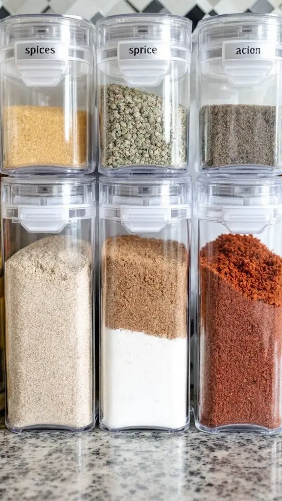 A set of clear acrylic spice containers filled with various spices, neatly labeled and arranged.