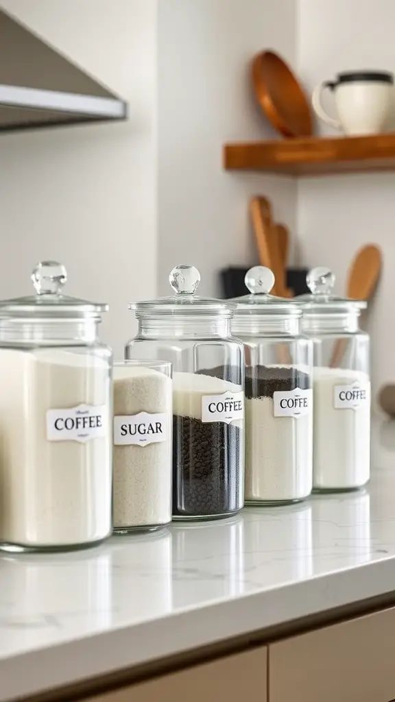 A clear canister set with labeled jars for coffee and sugar on a kitchen countertop.