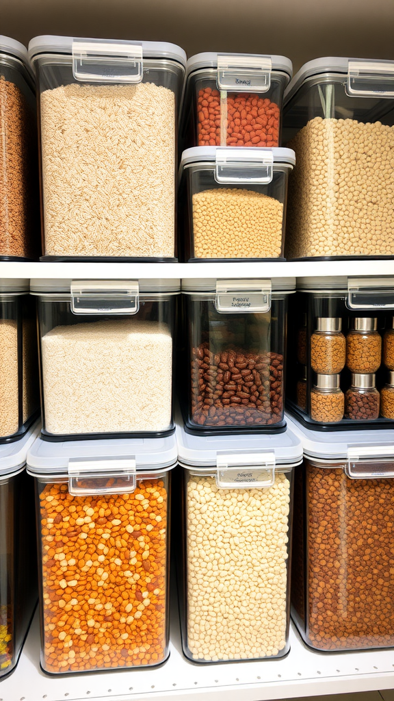 Neatly organized clear containers filled with bulk items like grains and legumes