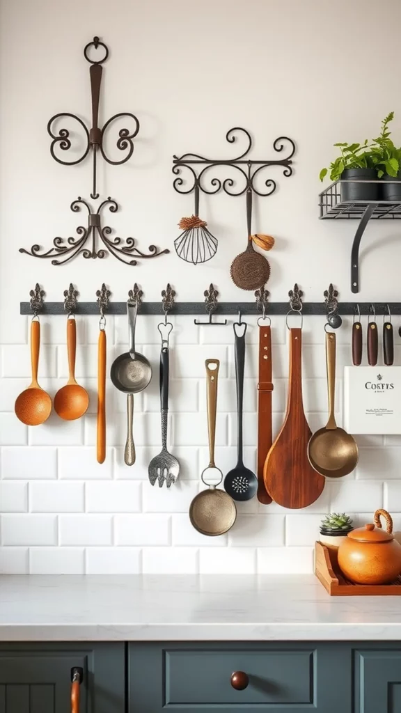 An organized kitchen wall with decorative hooks and hanging utensils.