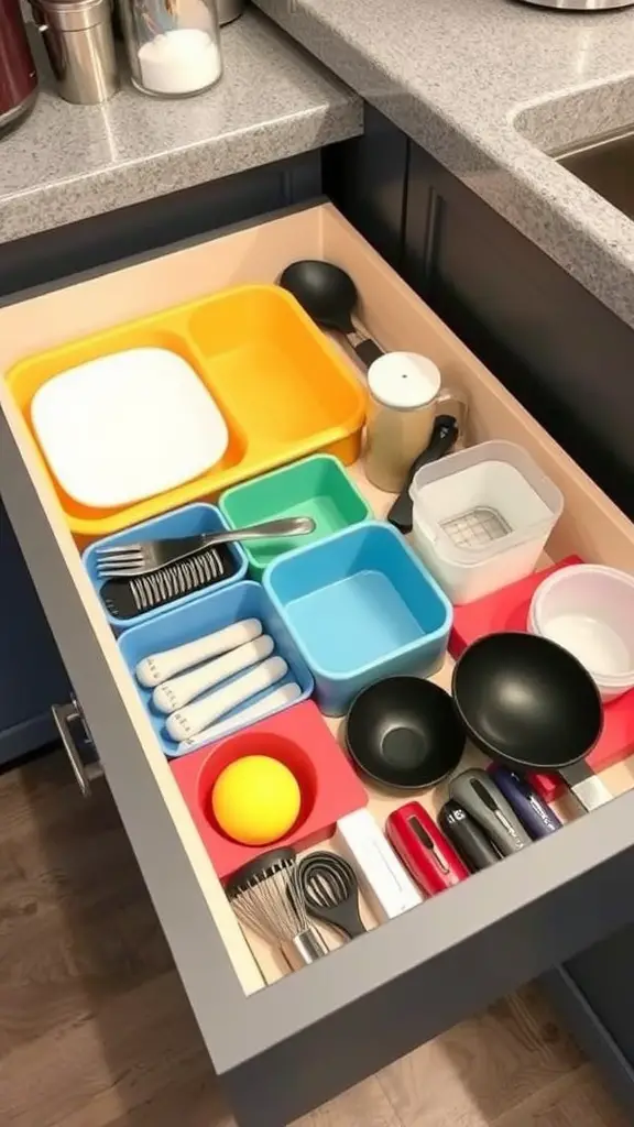 Color-coded kitchen drawer with various utensils and containers neatly organized.