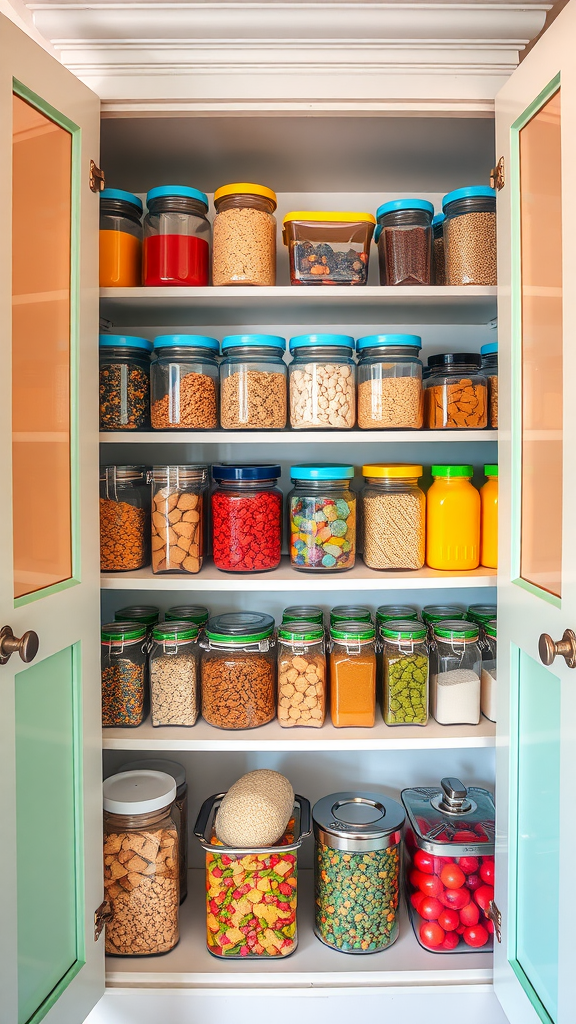 An organized pantry with color-coded jars and containers.