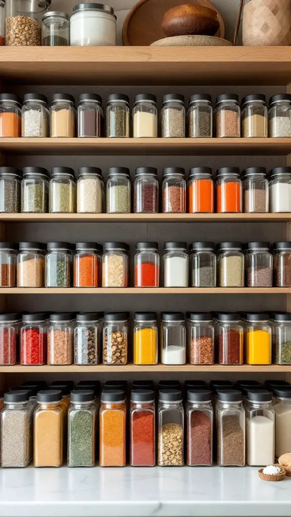 A neatly arranged shelf filled with clear spice containers, showcasing a variety of colorful spices.