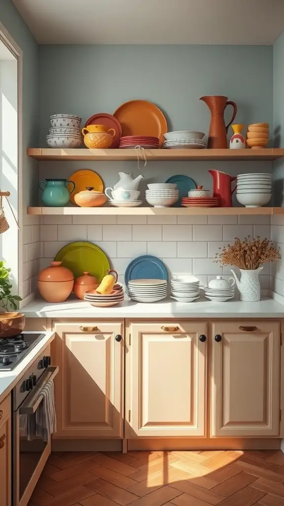 A bright kitchen with colorful ceramic dishes displayed on shelves.