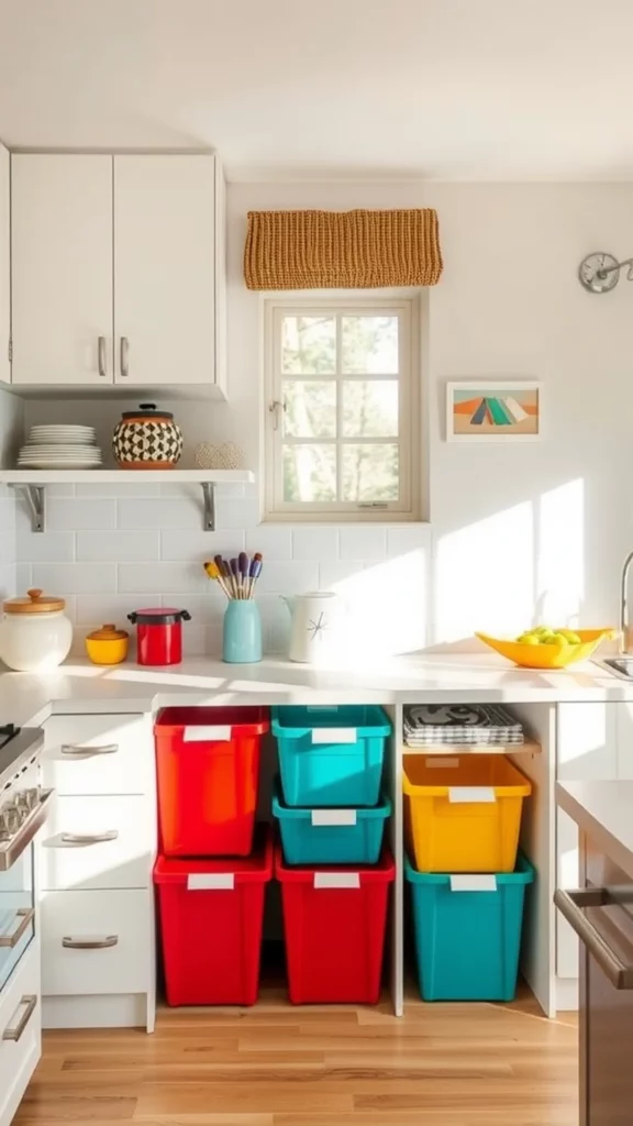 A colorful kitchen with red, teal, and yellow bins organized under a countertop.