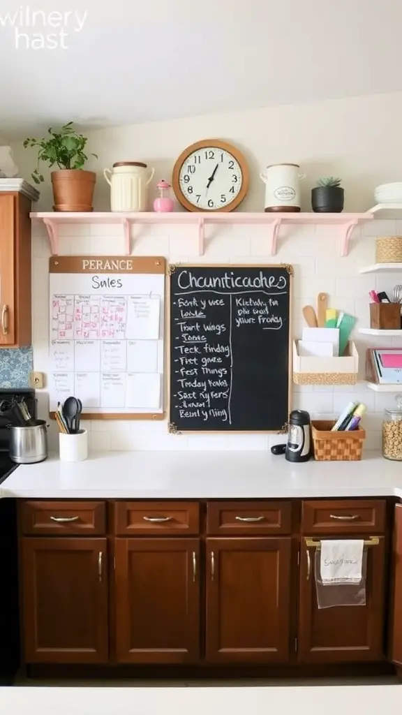 A chalkboard command center in a kitchen with notes and cooking tools.