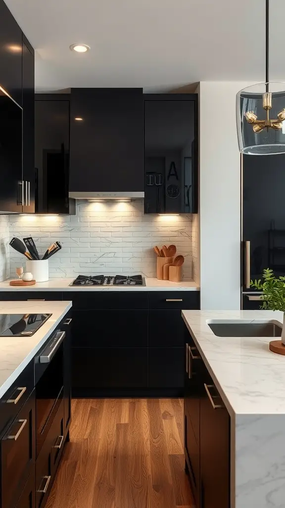 Modern kitchen with black cabinets, marble countertops, and wood flooring