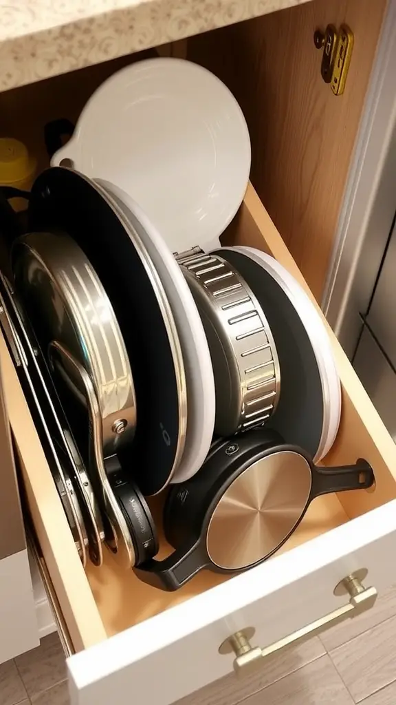 A neatly organized kitchen drawer with various cooking sheets and pans.