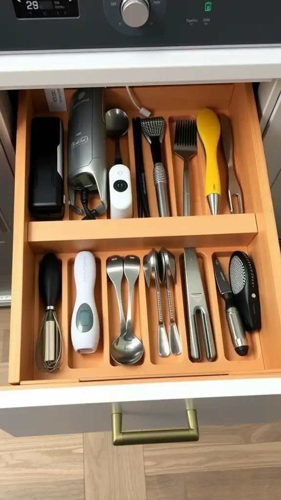 A neatly organized kitchen drawer with various cordless gadgets and utensils.