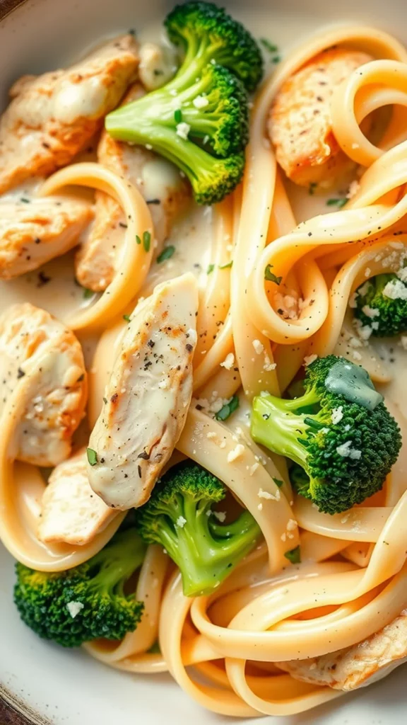 A delicious plate of creamy chicken and broccoli fettuccine Alfredo.