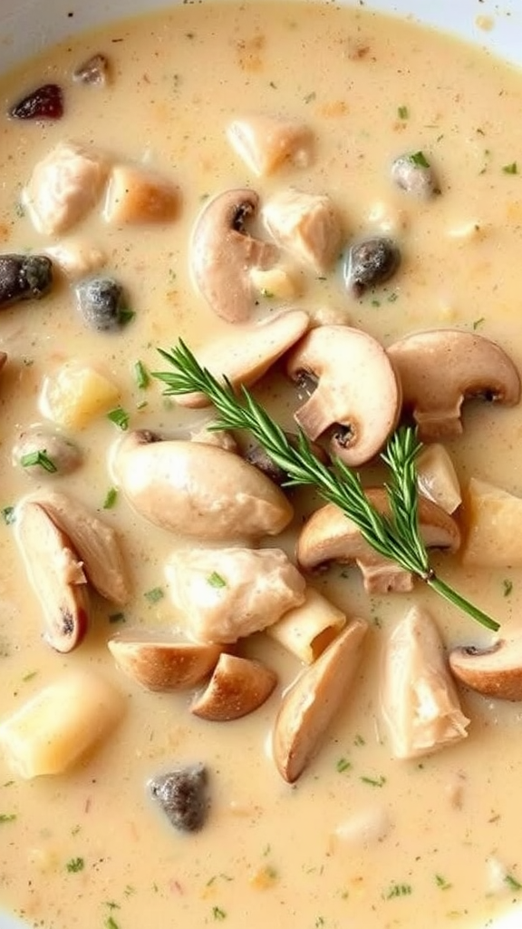 A bowl of creamy chicken mushroom soup with pieces of chicken and mushrooms.