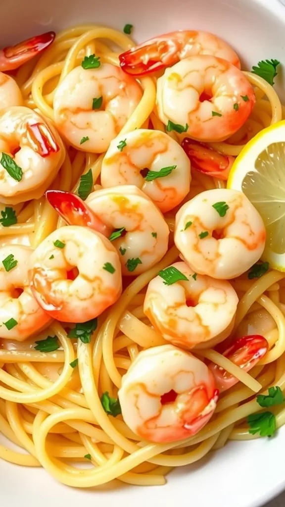 A bowl of creamy garlic butter shrimp pasta with shrimp, lemon, and parsley