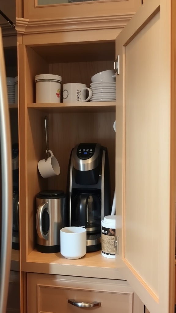 A neatly organized coffee station within kitchen cabinets featuring a coffee maker, mugs, and storage canisters.