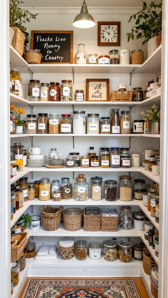 A beautifully organized pantry with labeled jars, baskets, and decorative touches.