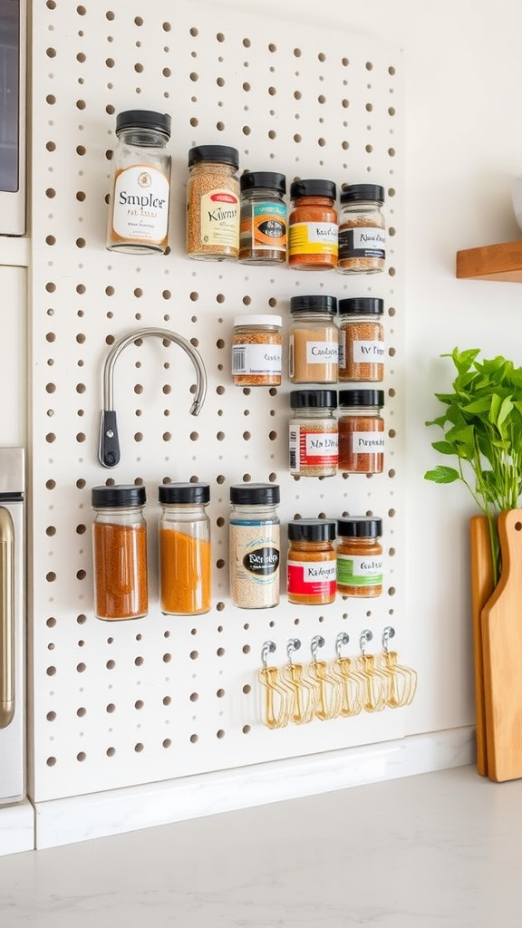 A stylish and organized spice rack made from a pegboard, featuring clear spice containers and hooks.