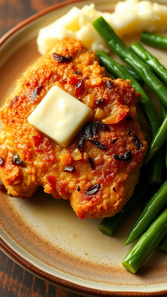 A plate featuring crispy butter chicken topped with a pat of butter, alongside green beans and mashed potatoes.