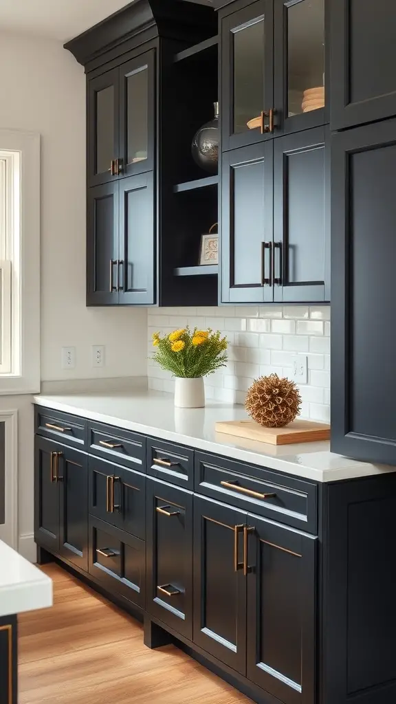 Modern kitchen with dark blue custom cabinets, golden handles, and decorative vase with flowers