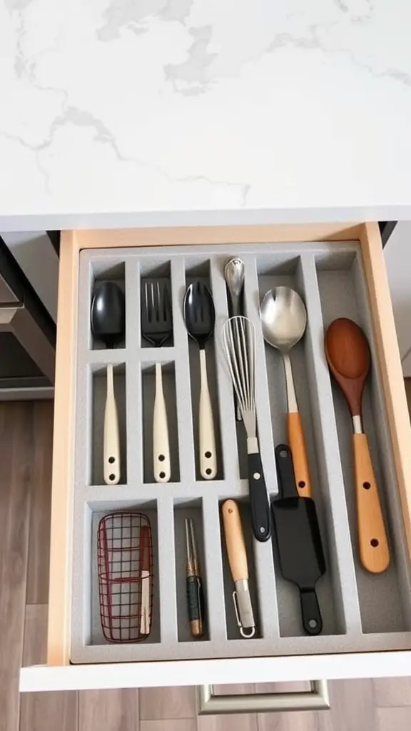 A neatly organized kitchen drawer with various utensils arranged in gray inserts.