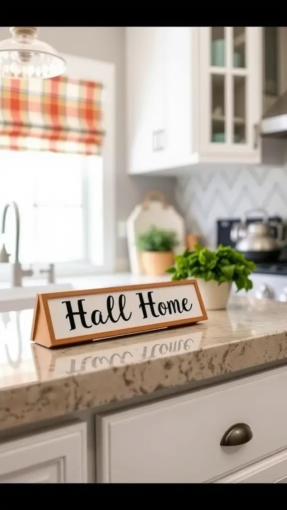 Customized name plate decor reading 'Hall Home' on a kitchen countertop