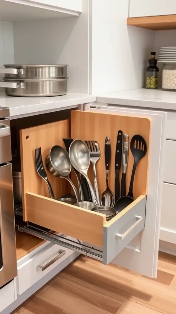 A decorative metal cookbook stand displaying a colorful cookbook in a stylish kitchen