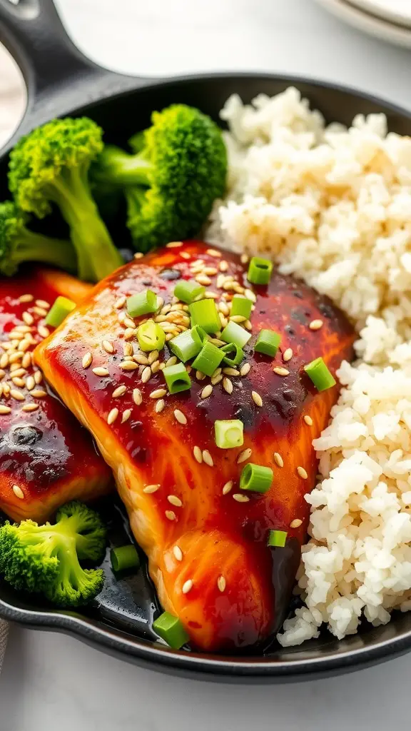 Plate of teriyaki salmon with broccoli and rice