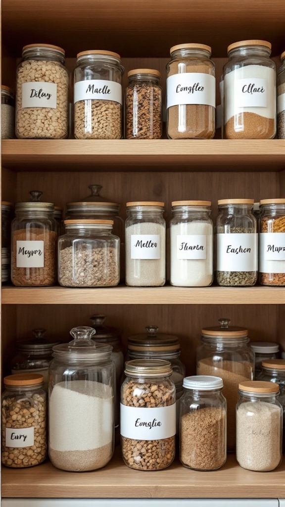 Organized jars with labels in a wooden pantry.