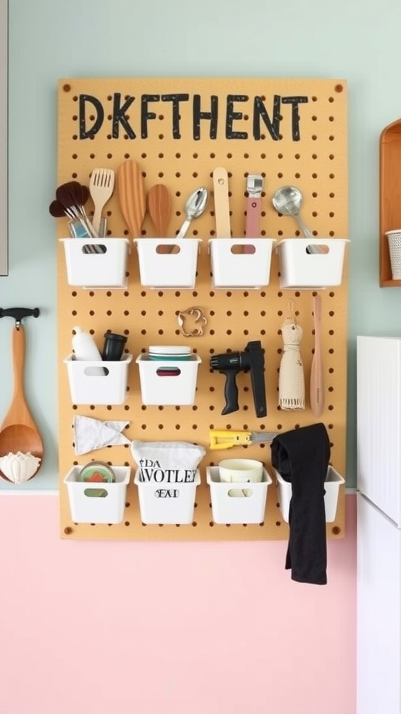 Image of a pegboard with various kitchen utensils and storage bins organized neatly.