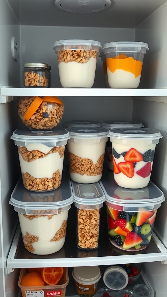 A refrigerator organized with containers of yogurt, granola, and fresh fruits, ready for making yogurt parfaits.