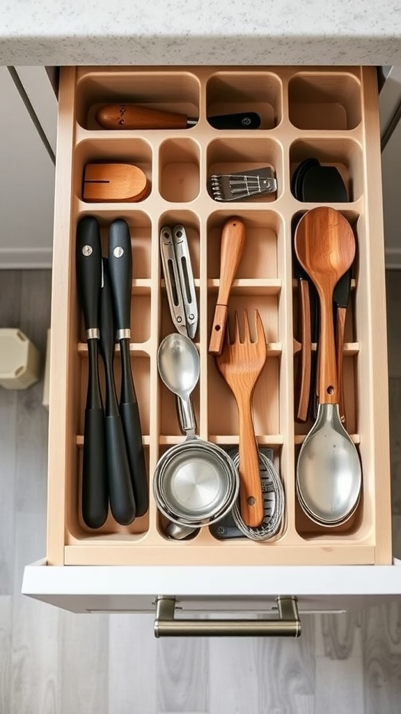 Organized kitchen drawer with various utensils divided by dividers.