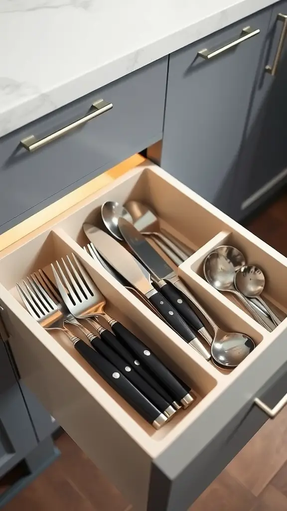 Organized silverware drawer with dividers